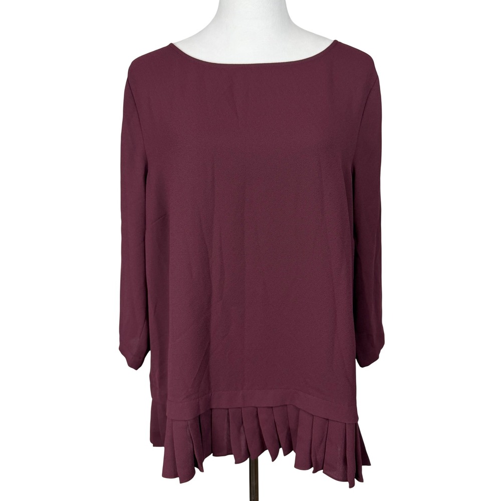 J. Jill Womens Top L Maroon Pleated Hem 3/4 Sleeve Boat Neck Crepe Blouse